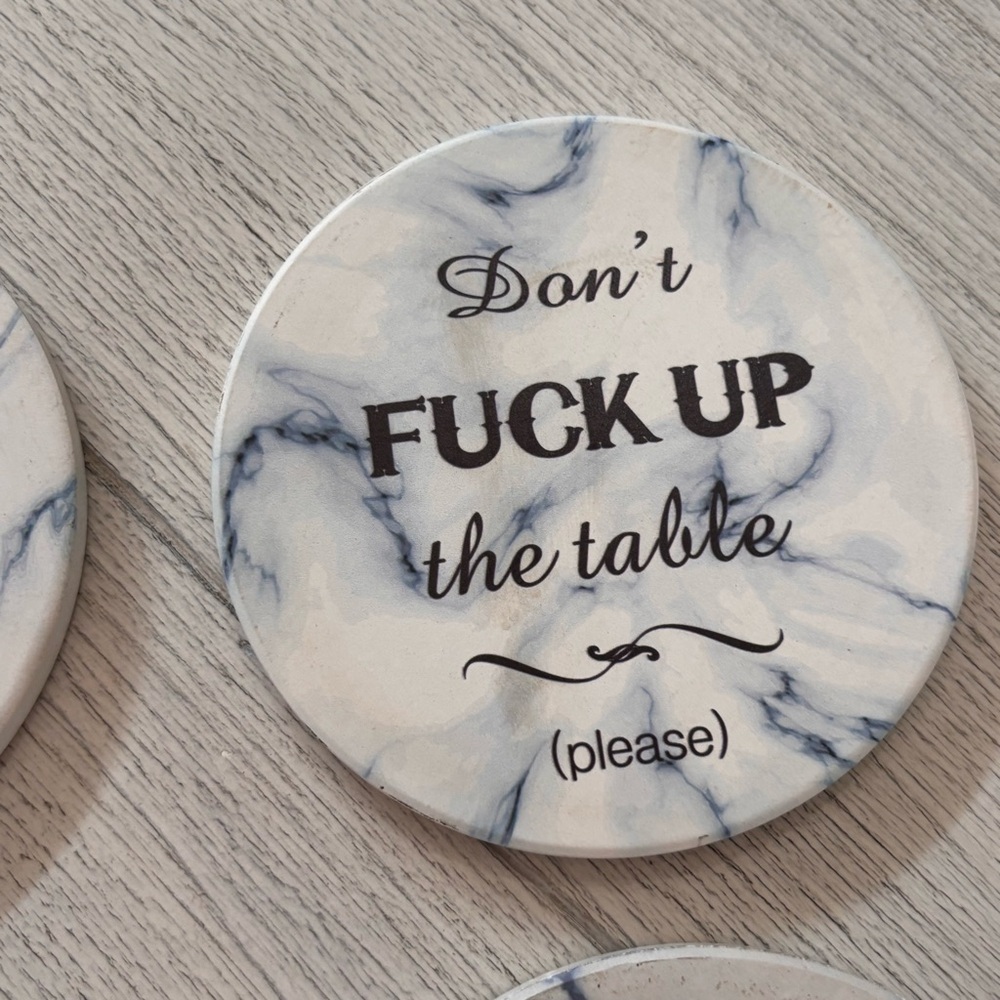 Set Of 4 Naughty Coasters White Marble Print 4” Graphic Moisture Absorbing - Picture 4 of 6